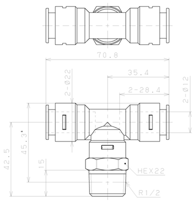 Bản vẽ kỹ thuật Đầu Nối Nhanh Khí Nén Dạng Chữ T Ren Ngoài Pisco APB12-04-C