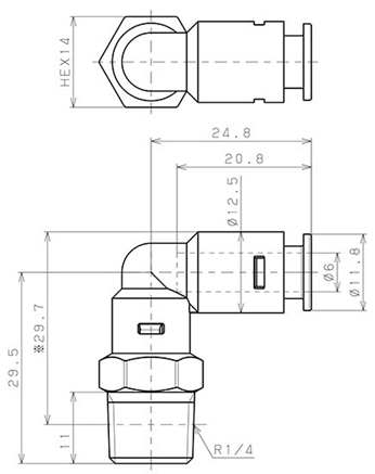 Bản vẽ kỹ thuật Đầu Nối Nhanh Khí Nén Dạng Cong 90° Ren Ngoài Pisco APL6-02-E-TP-C