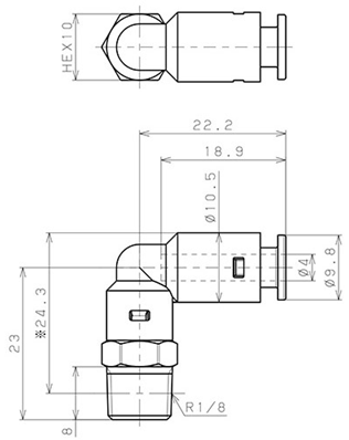 Bản vẽ kỹ thuật Đầu Nối Nhanh Khí Nén Dạng Cong 90° Ren Ngoài Pisco APL4-01-TP-C