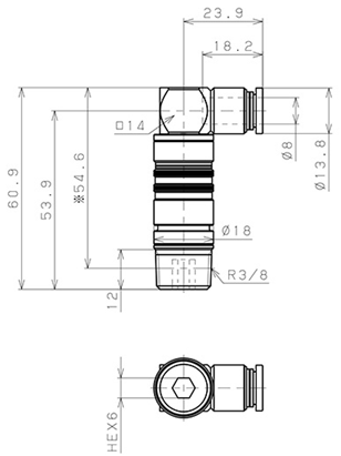 Bản vẽ kỹ thuật Bộ Đầu Ngạnh Nối Ống Dẫn Điều Khiển Nhiệt Độ Khuôn Đúc Dạng Cong 90°, Có Van Tự Ngắt Pisco ASL10-803