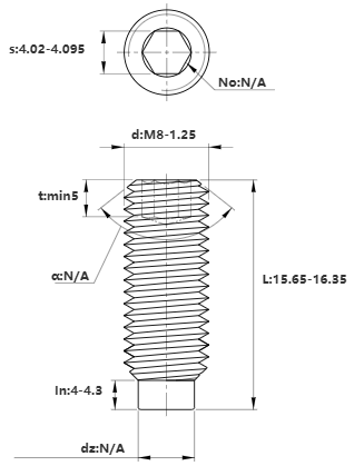 Bản vẽ kỹ thuật Vít Trí Đuôi Trụ Thép Đen 10.9 DIN915 M8x16