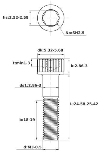 Bản vẽ kỹ thuật Lục Giác Chìm Đầu Trụ Inox 316 DIN912 M3x25 Ren Lửng (50Cái/Bịch)
