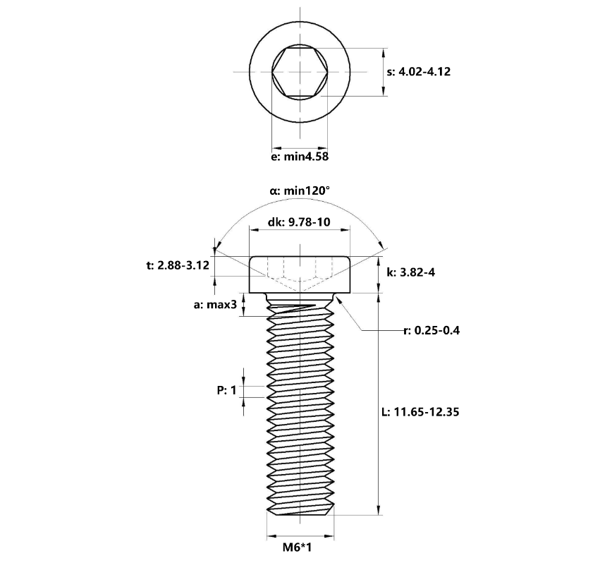 Bản vẽ kỹ thuật Lục Giác Trụ Đầu Thấp Thép Đen 12.9 DIN7984 M6x12