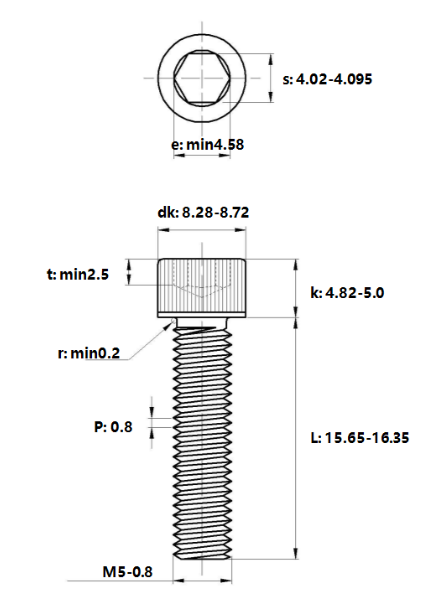 Bản vẽ kỹ thuật Lục Giác Chìm Đầu Trụ Inox 316 DIN912 M5x16 (50Cái/Bịch)