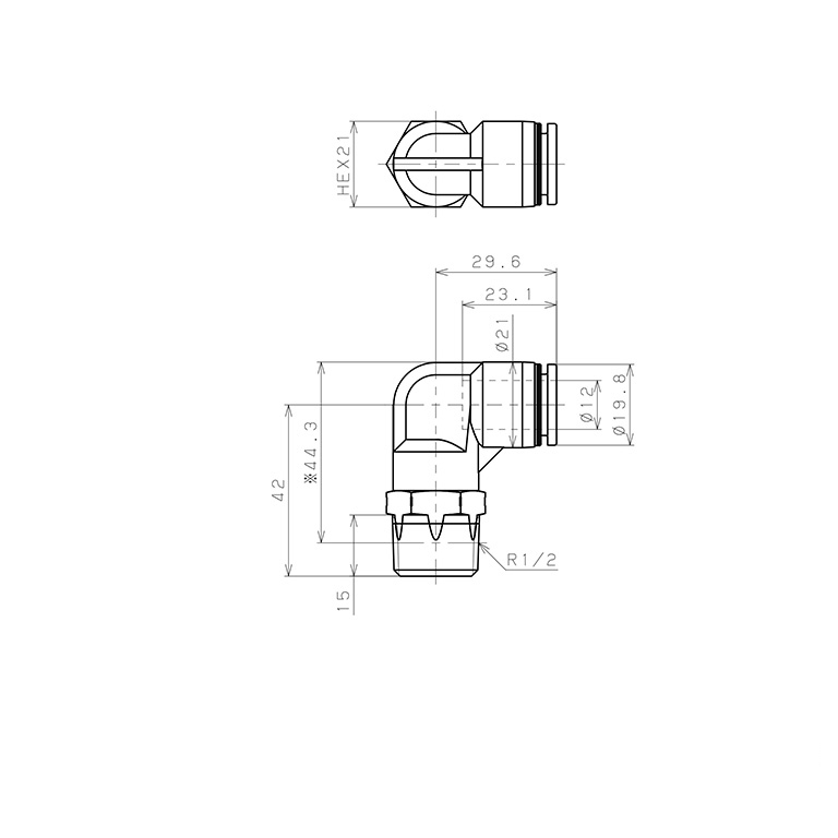 Bản vẽ kỹ thuật Đầu Nối Nhanh Khí Nén Dạng Cong 90° Ren Ngoài Pisco PPL12-04SUS-HN