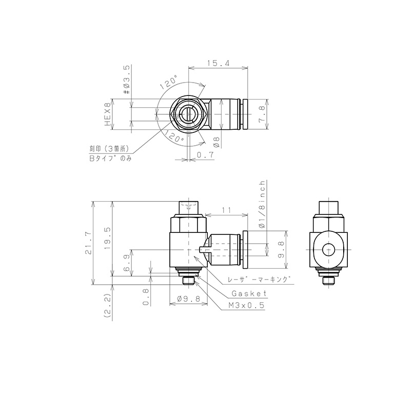 Bản vẽ kỹ thuật Van Tiết Lưu Khí Nén Đầu Vít Dẹp Pisco JSDC1/8-M3A-C
