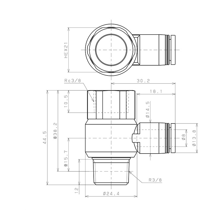 Bản vẽ kỹ thuật Đầu Nối Nhanh Khí Nén Cong 90° Đầu Lục Giác Trụ Ren Đực Cái Pisco PHF8-03W