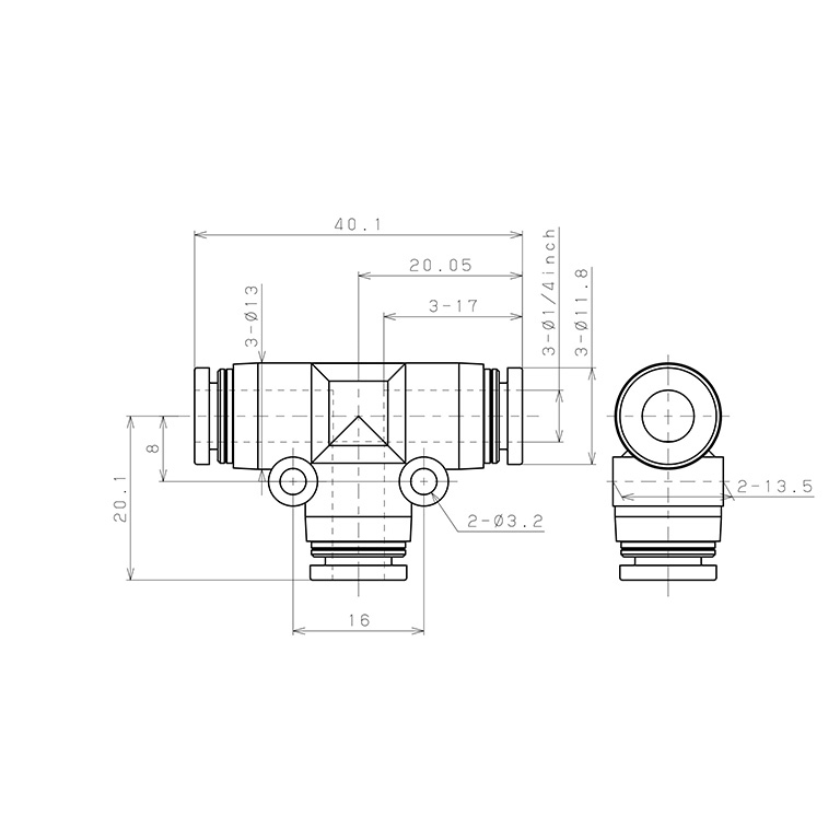 Bản vẽ kỹ thuật Đầu Nối Nhanh Khí Nén Chữ T Pisco PE1/4W
