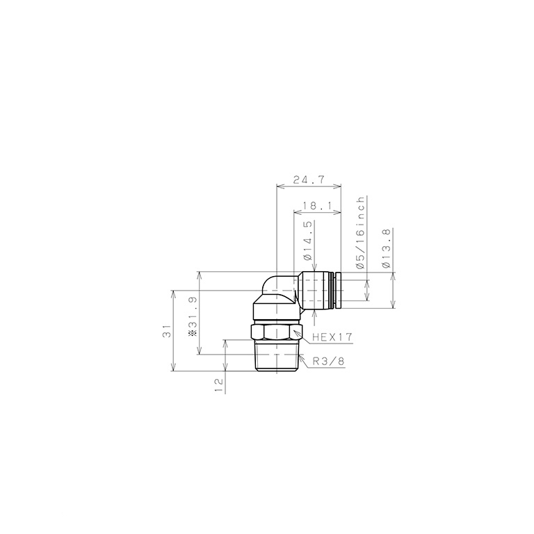 Bản vẽ kỹ thuật Đầu Nối Nhanh Khí Nén Dạng Cong 90° Ren Ngoài Pisco PL5/16-03W
