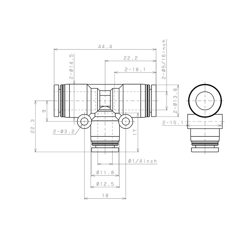 Bản vẽ kỹ thuật Đầu Nối Nhanh Khí Nén Chữ T Dạng Nối Giảm Pisco PEG5/16-1/4