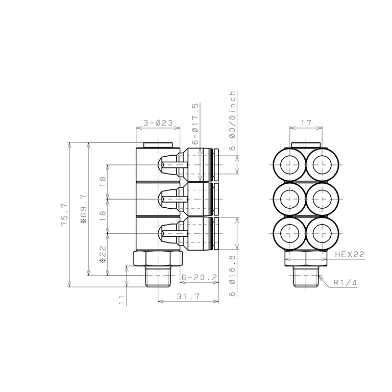 Bản vẽ kỹ thuật Đầu Nối Nhanh Khí Nén Sáu Nhánh Cong 90° Thân Lục Giác Trụ Ren Ngoài Pisco PAT3/8-02