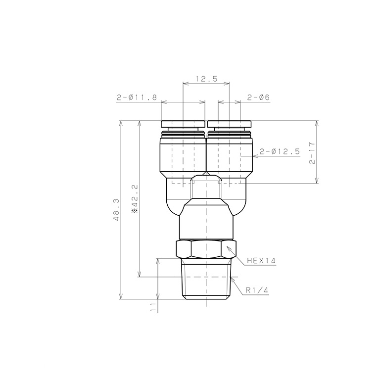Bản vẽ kỹ thuật Đầu Nối Nhanh Khí Nén Dạng Chữ Y Ren Ngoài Pisco PX6-02-UC