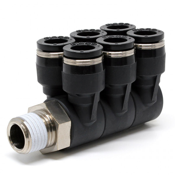 Đầu Nối Nhanh Khí Nén Sáu Nhánh Cong 90° Thân Lục Giác Trụ Ren Ngoài Pisco PAT8-02W
