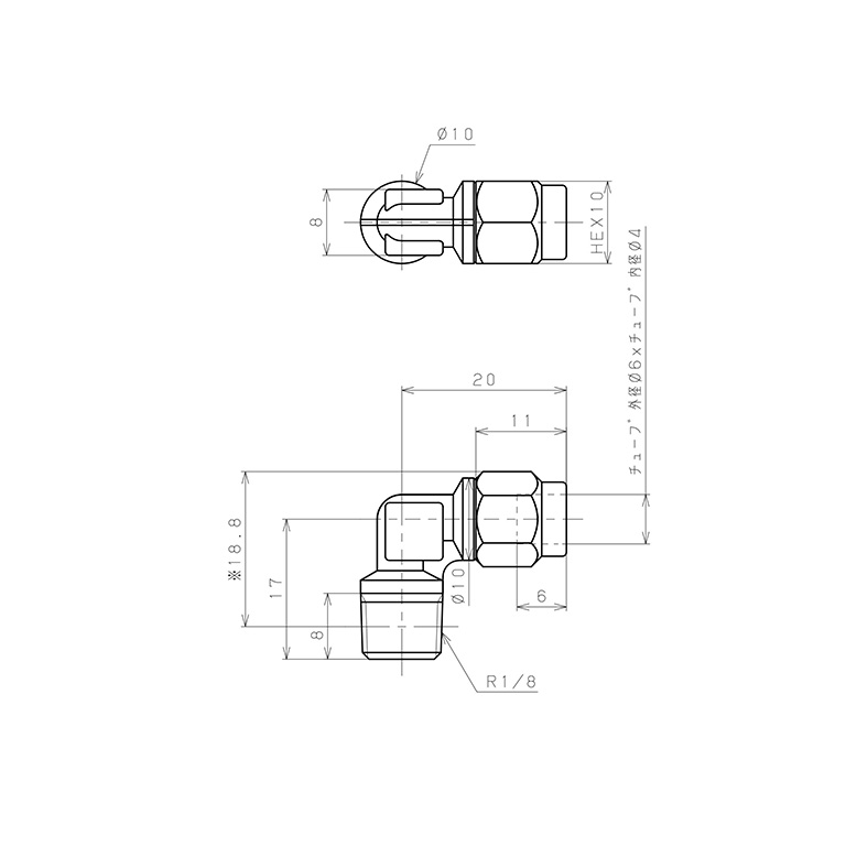Bản vẽ kỹ thuật Đầu Ngạnh Nối Ống Có Đai Ốc Xiết Dạng Cong 90° Ren Ngoài Pisco NKL0640-01