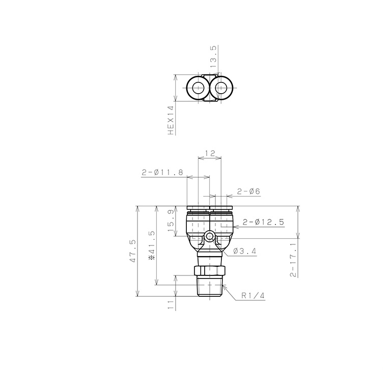 Bản vẽ kỹ thuật Đầu Nối Nhanh Khí Nén Dạng Chữ Y Ren Ngoài Pisco PPX6-02-UC