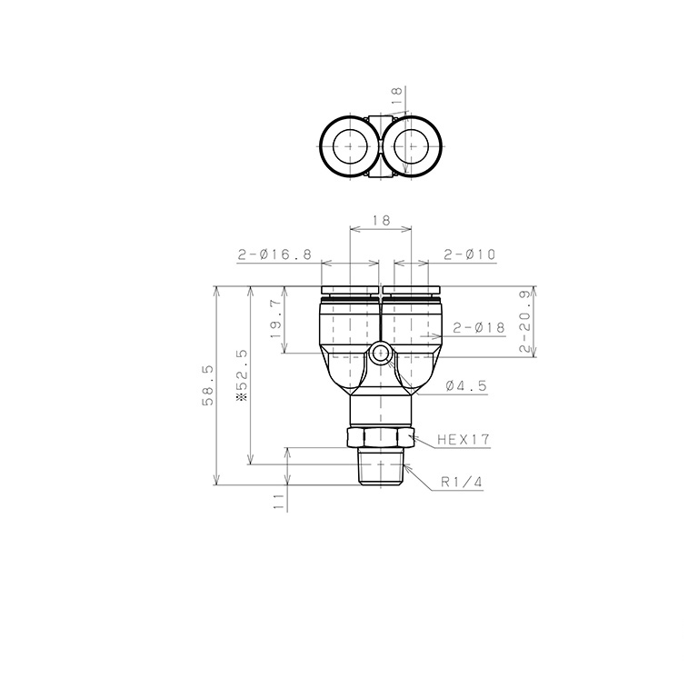 Bản vẽ kỹ thuật Đầu Nối Nhanh Khí Nén Dạng Chữ Y Ren Ngoài Pisco PPX10-02SUS-C