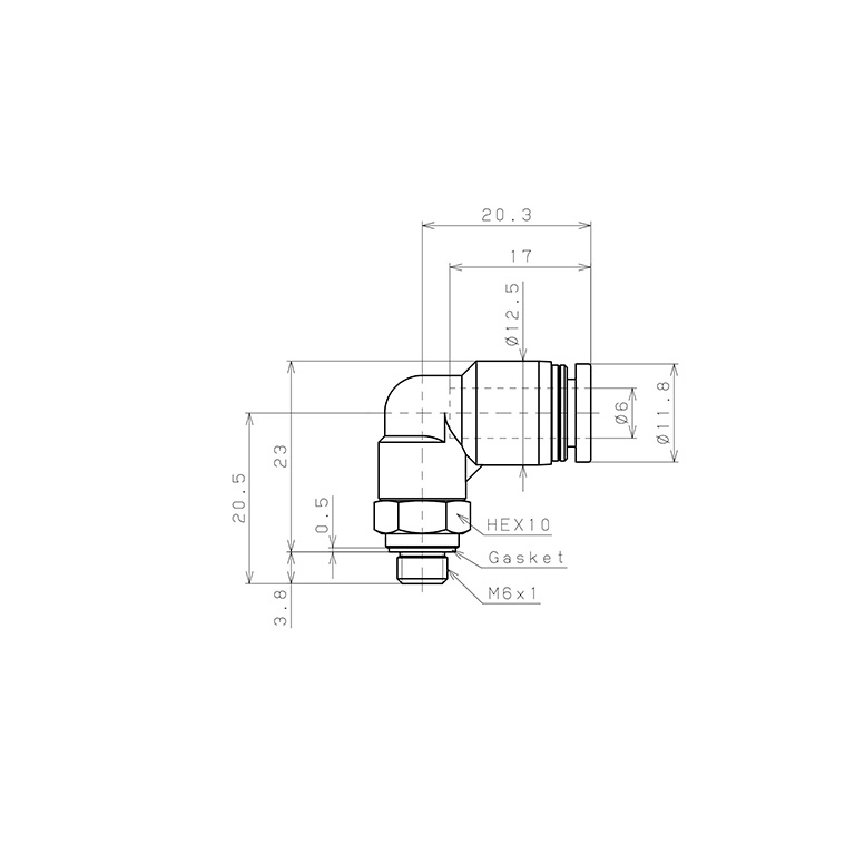 Bản vẽ kỹ thuật Đầu Nối Nhanh Khí Nén Dạng Cong 90° Ren Ngoài Pisco PL6-M6W-C