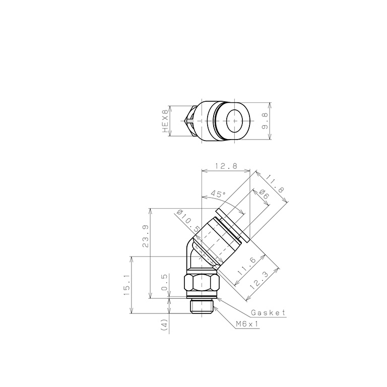 Bản vẽ kỹ thuật Đầu Nối Nhanh Khí Nén Dạng Cong 45° Ren Ngoài Pisco PLH6-M6M-C