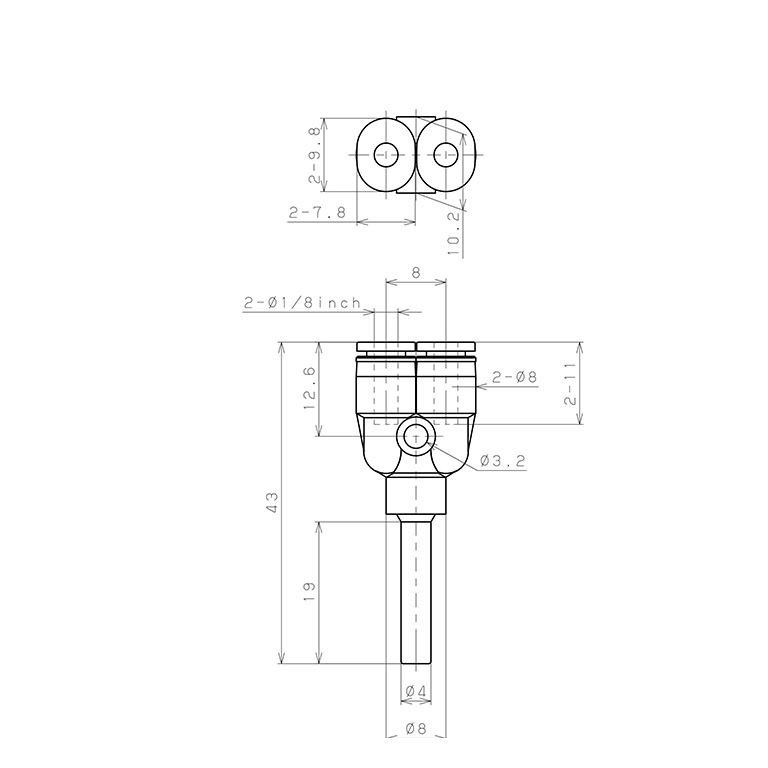 Bản vẽ kỹ thuật Đầu Nối Nhanh Khí Nén Giữa Ống Khí Và Fitting Dạng Nối Giảm Chữ Y Pisco PWJ4-1/8M