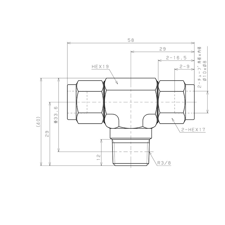Bản vẽ kỹ thuật Đầu Ngạnh Nối Ống Có Đai Ốc Xiết Dạng Chữ T Ren Ngoài Pisco NSB1080-03-TP