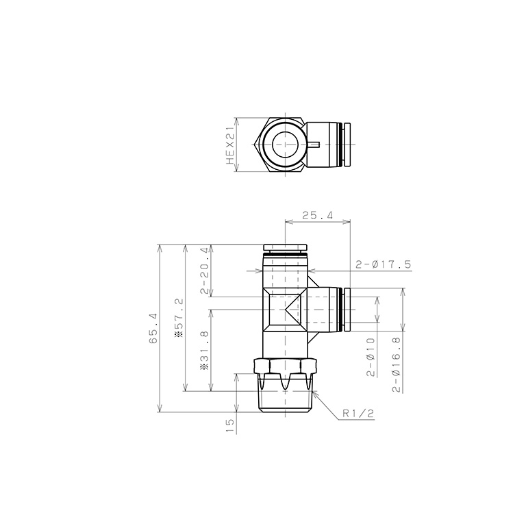 Bản vẽ kỹ thuật Đầu Nối Nhanh Khí Nén Dạng Chữ T Ren Ngoài Pisco PD10-04SUS