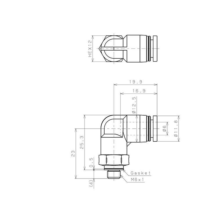 Bản vẽ kỹ thuật Đầu Nối Nhanh Khí Nén Dạng Cong 90° Ren Ngoài Pisco PL6-M6SUS