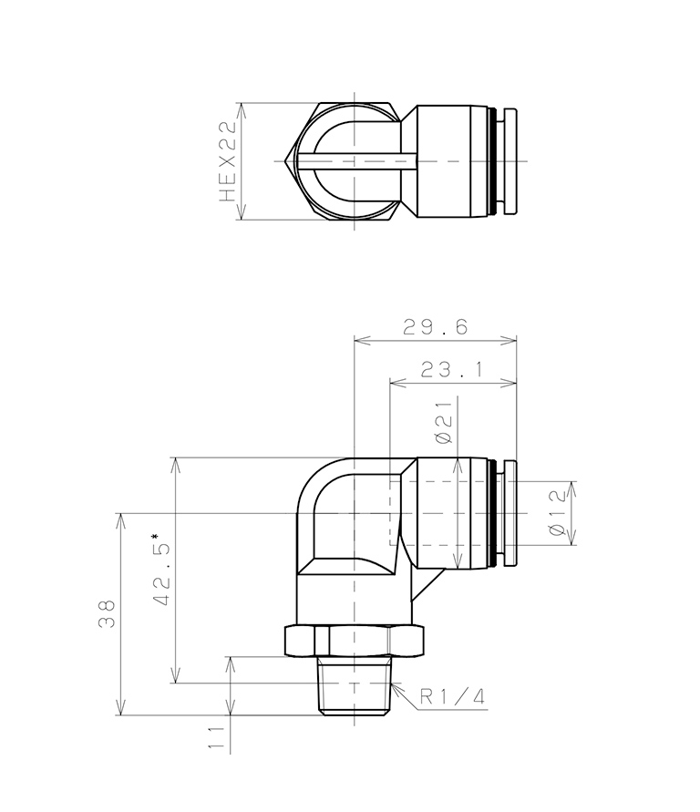 Bản vẽ kỹ thuật Đầu Nối Nhanh Khí Nén Dạng Cong 90° Ren Ngoài Pisco PPL12-02-HN-UC
