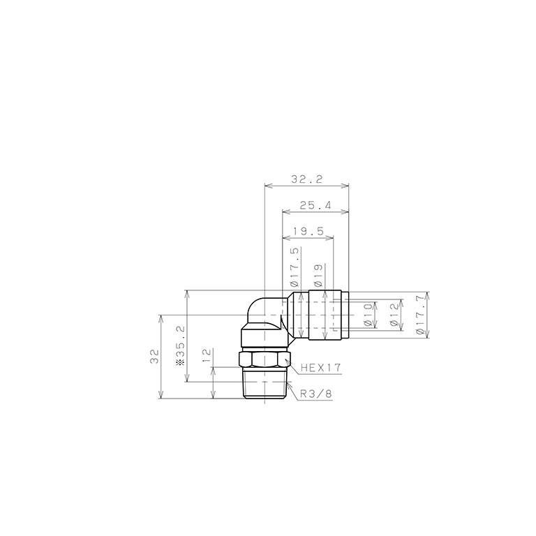 Bản vẽ kỹ thuật Đầu Nối Nhanh Khí Nén Dạng Cong 90° Ren Ngoài Pisco PL10-03V-0
