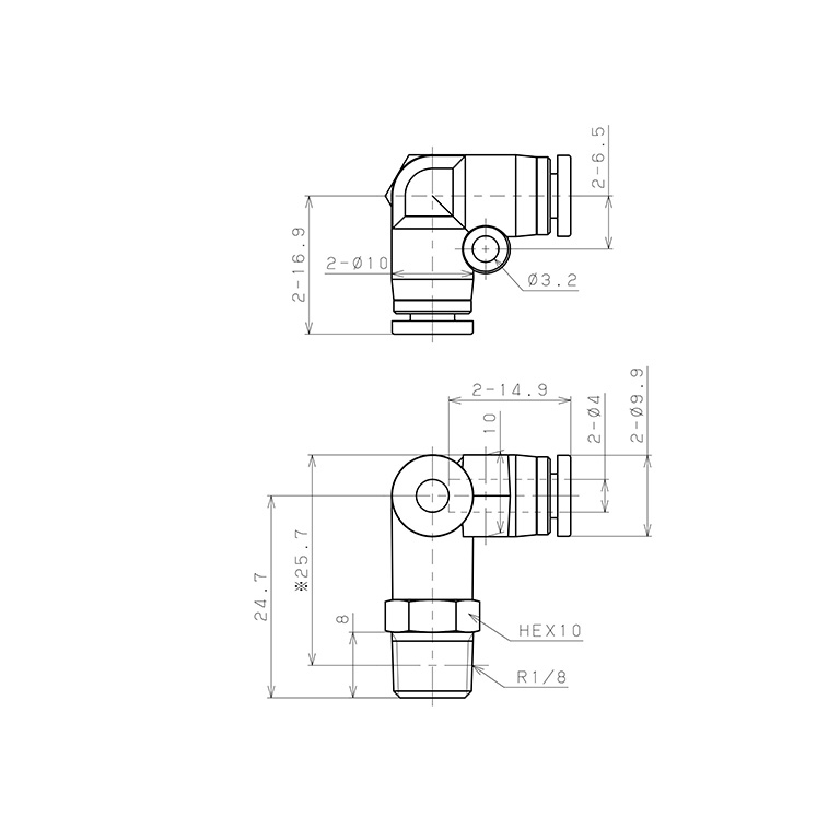 Bản vẽ kỹ thuật Đầu Nối Nhanh Khí Nén Hai Nhánh Chạc Ba Cong 90° Ren Ngoài Pisco SPVX4-01