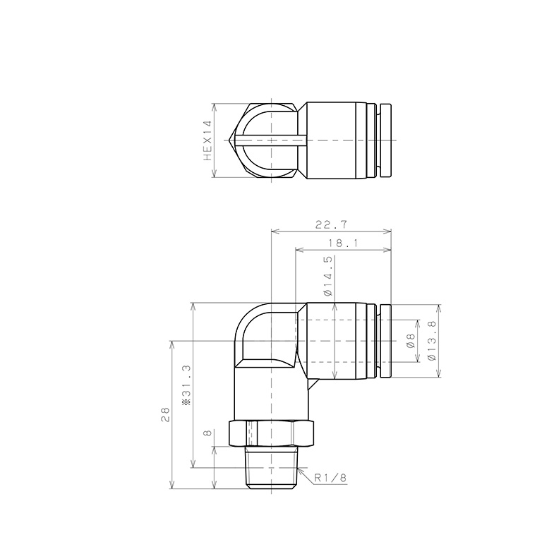 Bản vẽ kỹ thuật Đầu Nối Nhanh Khí Nén Dạng Cong 90° Ren Ngoài Pisco SPPL8-01