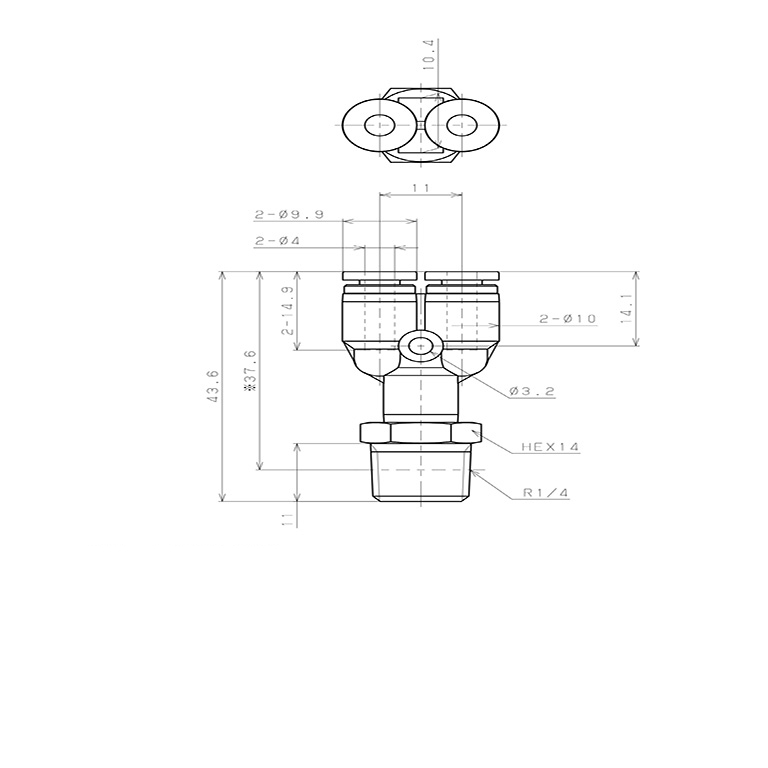 Bản vẽ kỹ thuật Đầu Nối Nhanh Khí Nén Dạng Chữ Y Ren Ngoài Pisco SPPX4-02SP