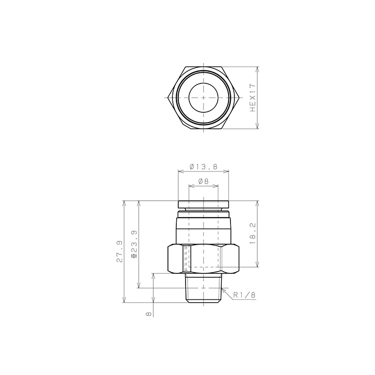 Bản vẽ kỹ thuật Đầu Nối Nhanh Khí Nén Dạng Thẳng Thân Lục Giác Ren Ngoài Pisco SPPC8-01