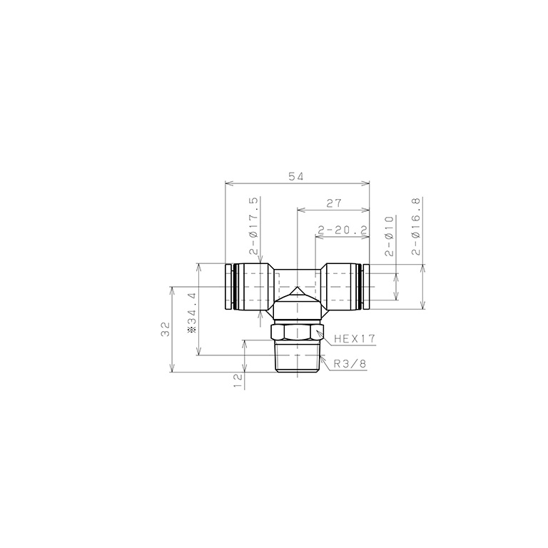 Bản vẽ kỹ thuật Đầu Nối Nhanh Khí Nén Dạng Chữ T Ren Ngoài Pisco PB10-03EG