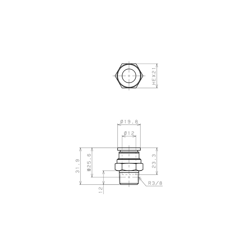 Bản vẽ kỹ thuật Đầu Nối Nhanh Khí Nén Dạng Thẳng Thân Lục Giác Ren Ngoài Pisco PC12-03EG
