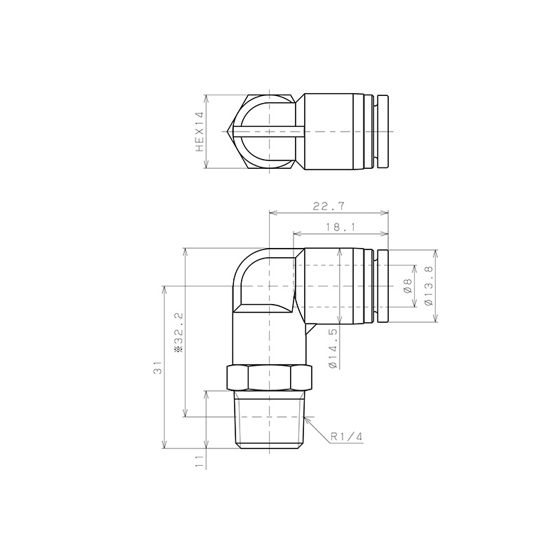 Bản vẽ kỹ thuật Đầu Nối Nhanh Khí Nén Dạng Cong 90° Ren Ngoài Pisco SPPL8-02SP