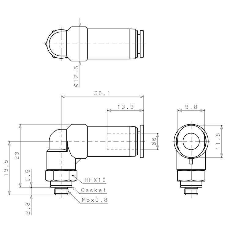 Bản vẽ kỹ thuật Đầu Nối Nhanh Khí Nén Dạng Cong 90° Ren Ngoài Có Van Tự Ngắt Pisco PSL6-M5M