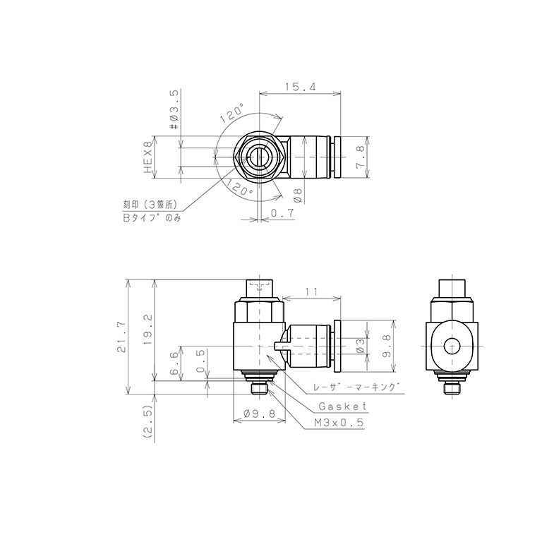 Bản vẽ kỹ thuật Van Tiết Lưu Khí Nén Đầu Vít Dẹp Pisco JSDC3-M3BW