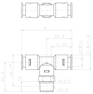 Bản vẽ kỹ thuật Đầu Nối Nhanh Khí Nén Dạng Chữ T Ren Ngoài Pisco APB10-03-N-C