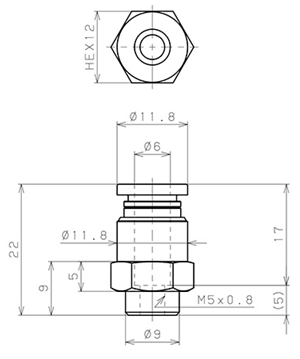 Bản vẽ kỹ thuật Đầu Nối Nhanh Khí Nén Thẳng Phi 6mm Ren Trong M5 Pisco PCF6-M5
