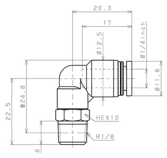 Bản vẽ kỹ thuật Đầu Nối Nhanh Khí Nén Dạng Cong 90° Ren Ngoài Pisco PL1/4-01