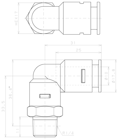 Bản vẽ kỹ thuật Đầu Nối Nhanh Khí Nén Dạng Cong 90° Ren Ngoài Pisco APL10-02-TP-C