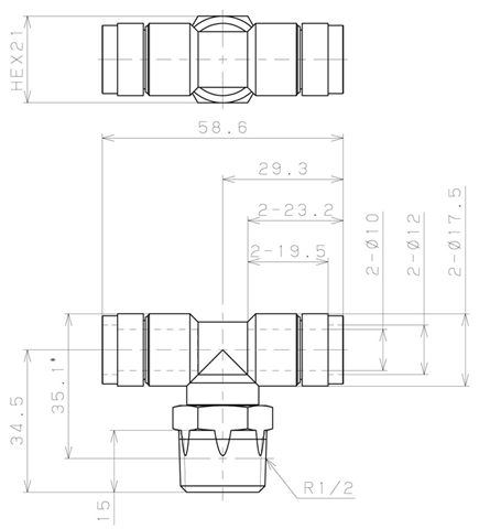 Bản vẽ kỹ thuật Đầu Nối Nhanh Khí Nén Dạng Chữ T Ren Ngoài Pisco KB10-04-F