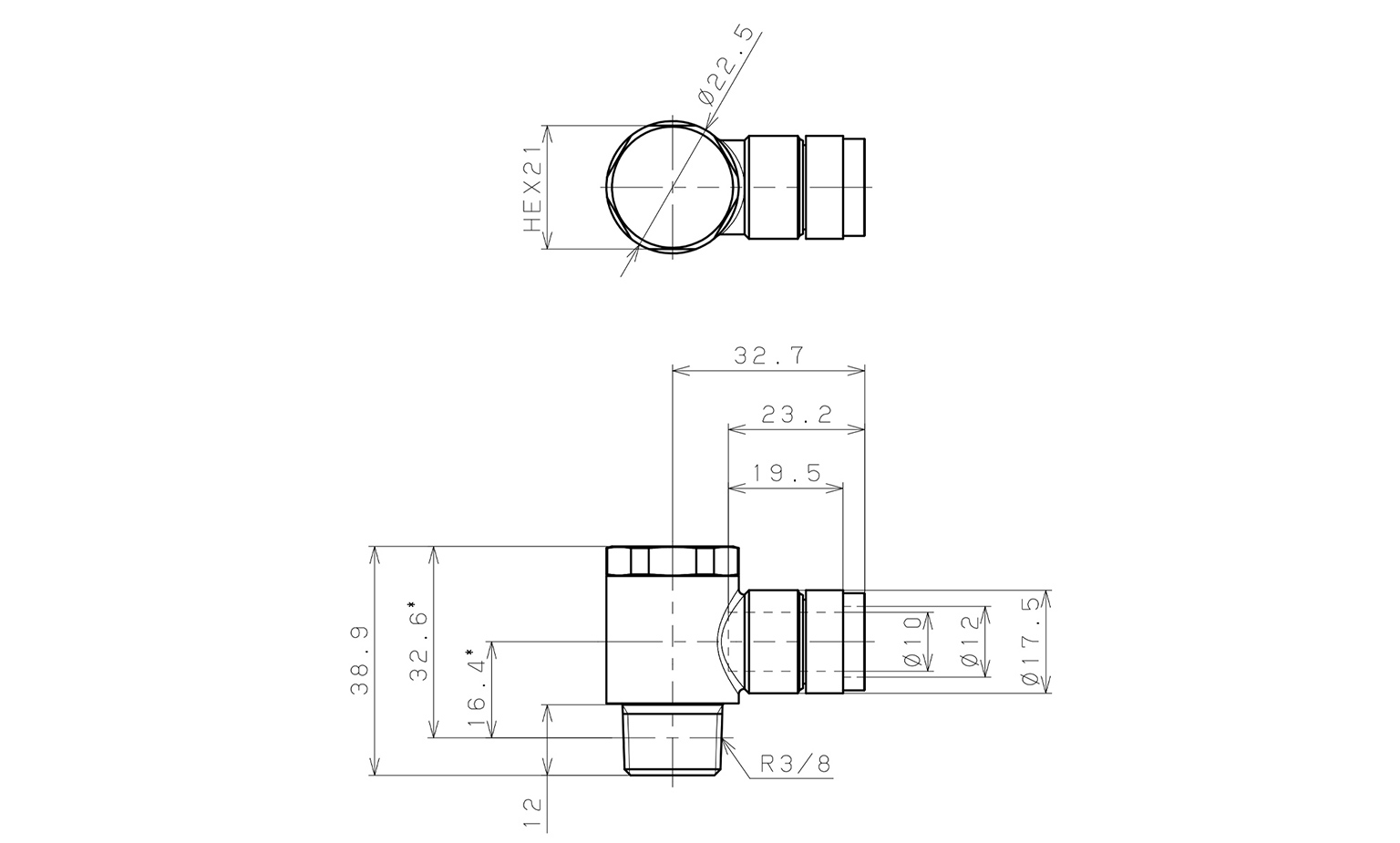 Bản vẽ kỹ thuật Đầu Nối Nhanh Khí Nén Cong 90° Đầu Lục Giác Trụ Ren Ngoài Pisco KH10-03