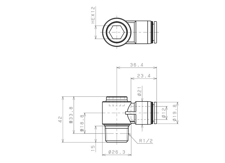 Bản vẽ kỹ thuật Đầu Nối Nhanh Khí Nén Dạng Cong 90° Đầu Lục Giác Chìm Ren Ngoài Pisco POL12-04W