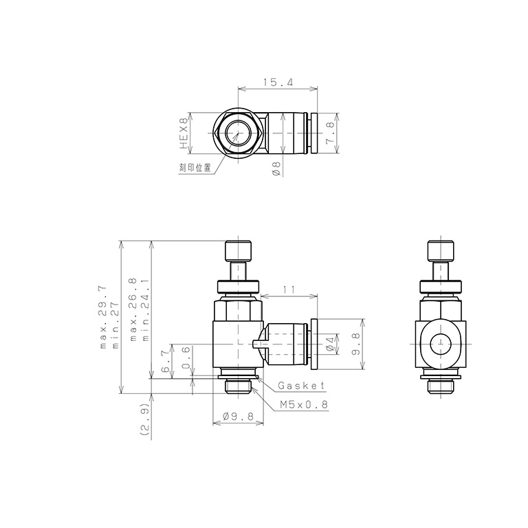 Bản vẽ kỹ thuật Van Tiết Lưu Khí Nén Cong 90° OD 4mm Ren Ngoài M5 Pisco JSC4-M5A
