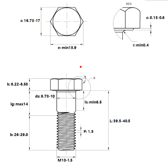 Bản vẽ kỹ thuật Bulong Mạ Kẽm Trắng Cr3+ 8.8 DIN931 M10x40 Ren Lửng