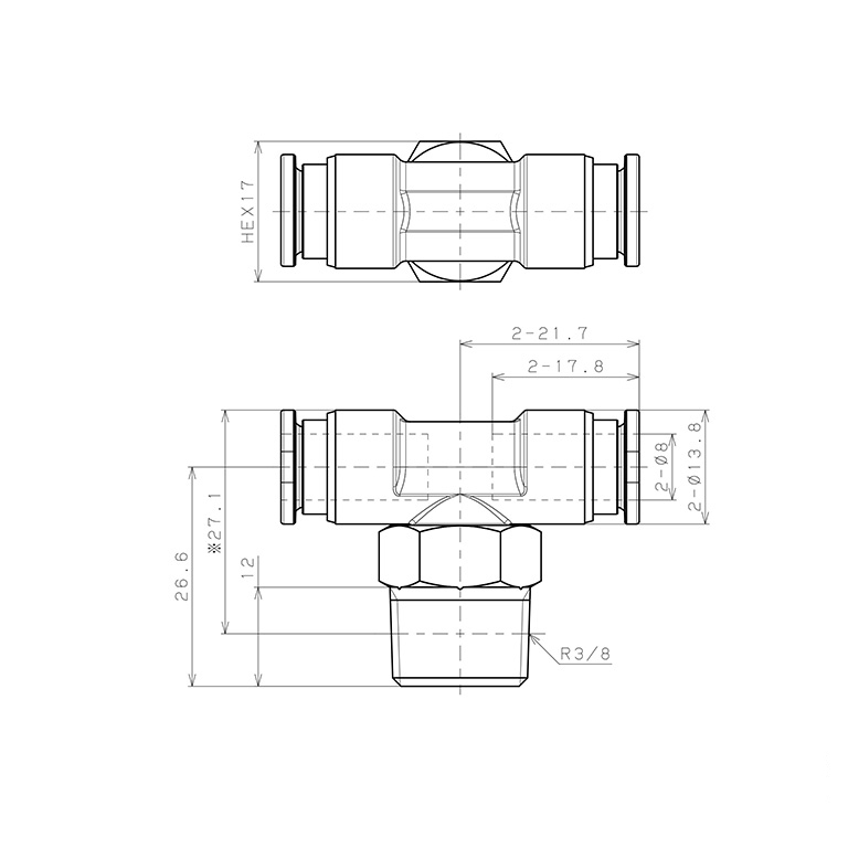 Bản vẽ kỹ thuật Đầu Nối Nhanh Khí Nén Dạng Chữ T Ren Ngoài Pisco SSPB8-03-X-C