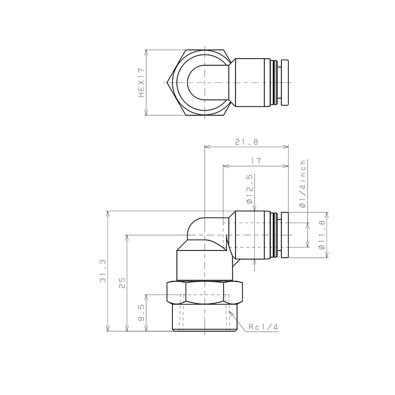 Bản vẽ kỹ thuật Đầu Nối Nhanh Khí Nén Dạng Cong 90° Ren Trong Pisco PLF1/4-02-W