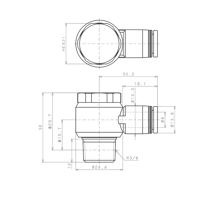 Bản vẽ kỹ thuật Đầu Nối Nhanh Khí Nén Cong 90° Đầu Lục Giác Trụ Ren Ngoài Pisco PH8-03