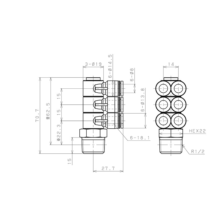Bản vẽ kỹ thuật Đầu Nối Nhanh Khí Nén Sáu Nhánh Cong 90° Thân Lục Giác Trụ Ren Ngoài Pisco PAT8-04W